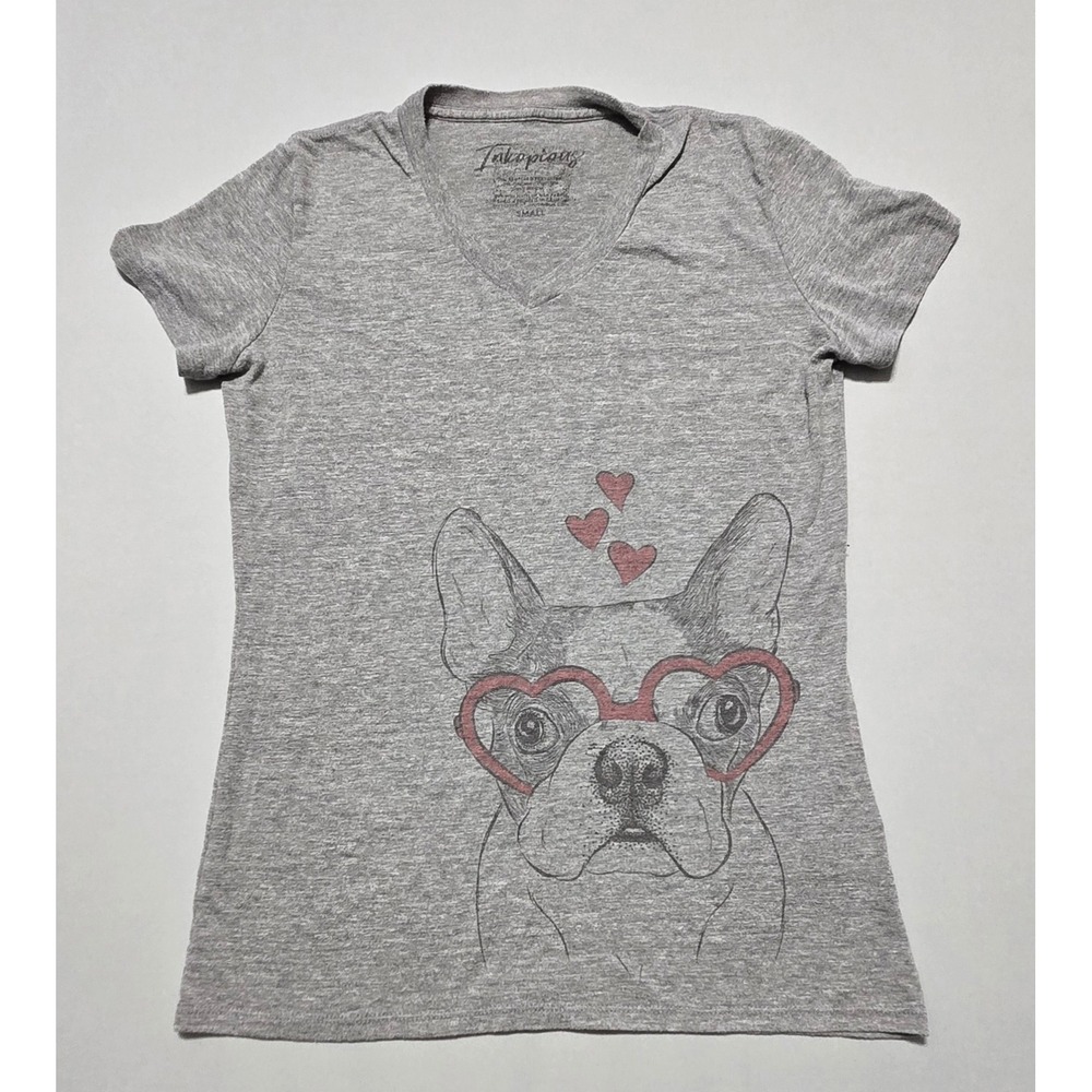 Inkopious Boston Terrier Shirt Womens Small Gray V-Neck Graphic Tee Cotton Blend